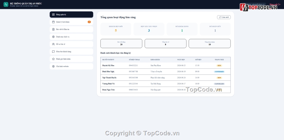 website phòng khám,source code phòng khám,react nodejs,quản lý phòng khám,website y tế,đặt lịch khám